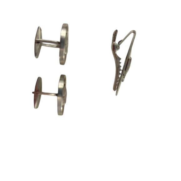 Vintage Triangle Silver Tone Cufflinks & Tie Clip Set Knight Design Mens Accesso - Picture 3 of 8